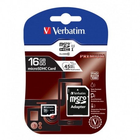 NEW 44082 VERBATIM MICRO SDHC 16GB (CLASS 10) WITH ADAPTOR UP TO 45MB/SEC 300X READ SPEED.e